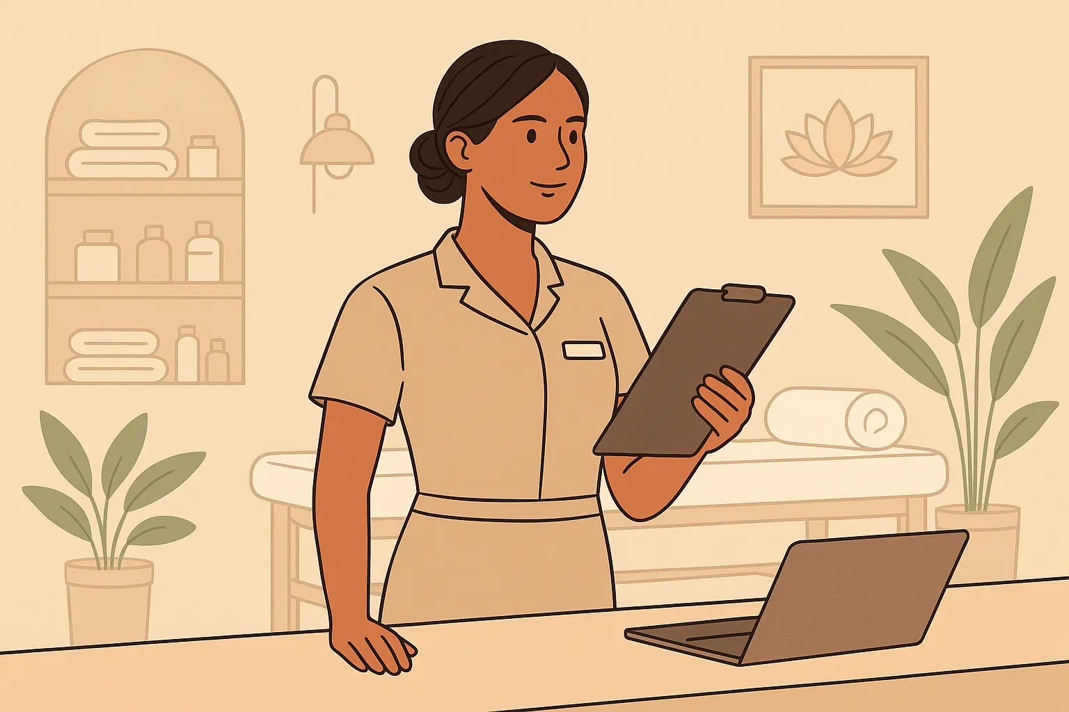 Spa attendant preparing a clean, peaceful spa environment with treatment room setup and guest-ready amenities.