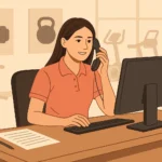 Flat-style illustration of a gym receptionist sitting at a front desk, answering phone calls and using a computer, with gym equipment in the background.