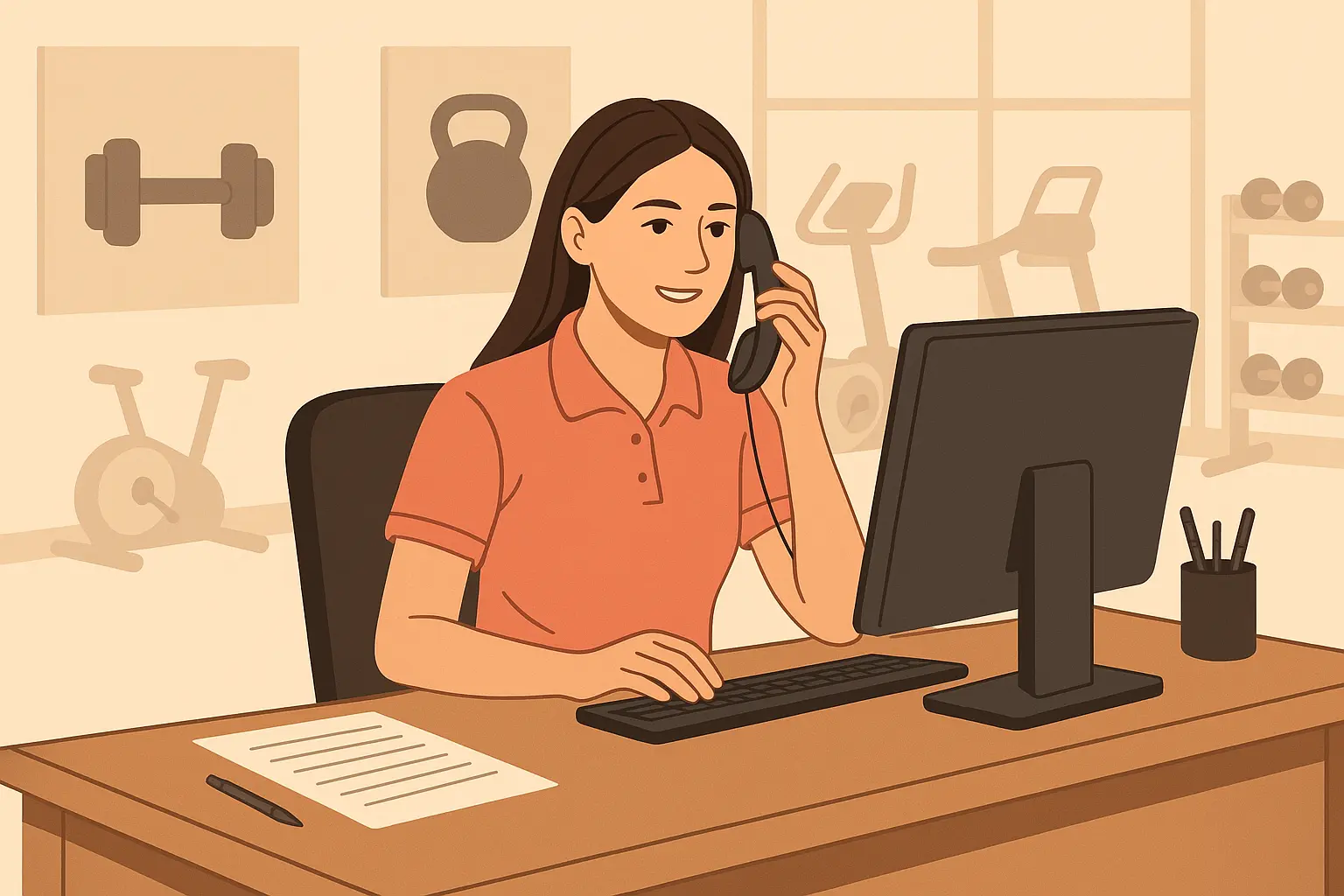 Flat-style illustration of a gym receptionist sitting at a front desk, answering phone calls and using a computer, with gym equipment in the background.