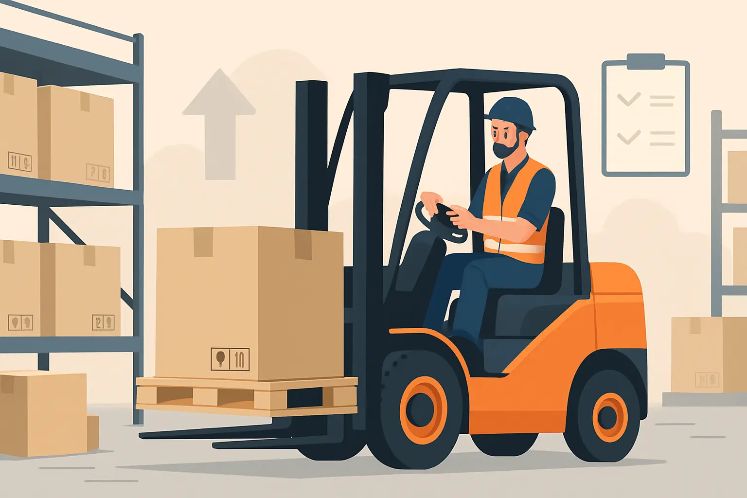 illustration of a forklift operator moving a pallet inside a warehouse with boxes and storage racks
