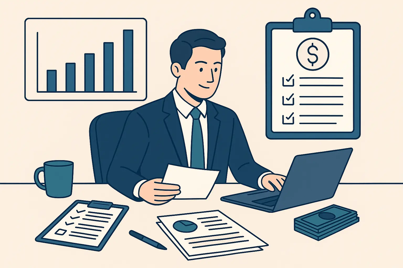 Digital illustration of professional loan officers reviewing financial documents, consulting with clients, and analyzing loan data in a bright modern bank office.