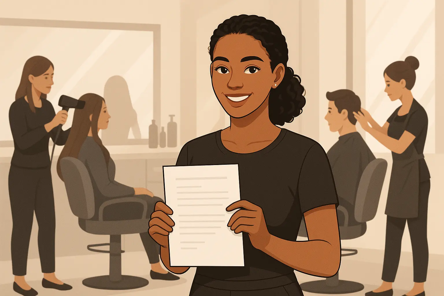 Digital illustration of a modern beauty salon with stylists and assistants working together, showing hair washing, blow-drying, and styling in progress.