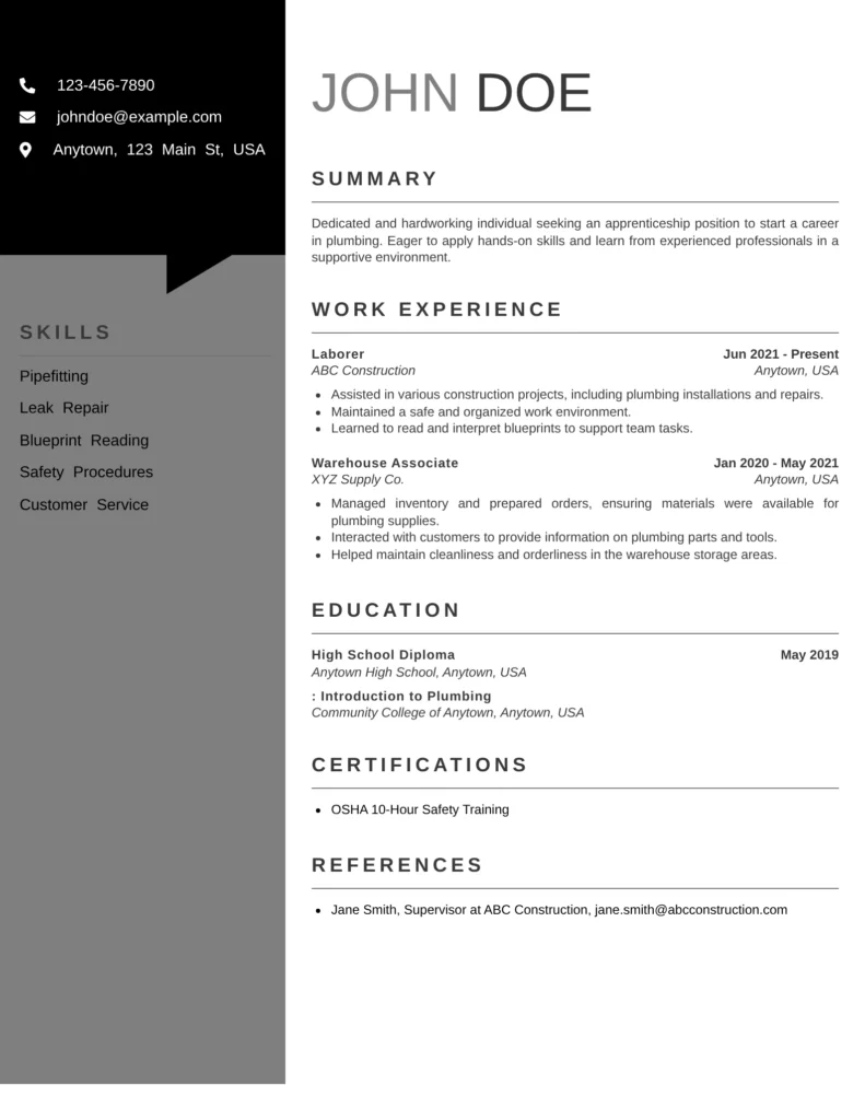 apprentice plumber resume template with entry-level plumbing skills, hands-on work experience, safety training, and basic plumbing education