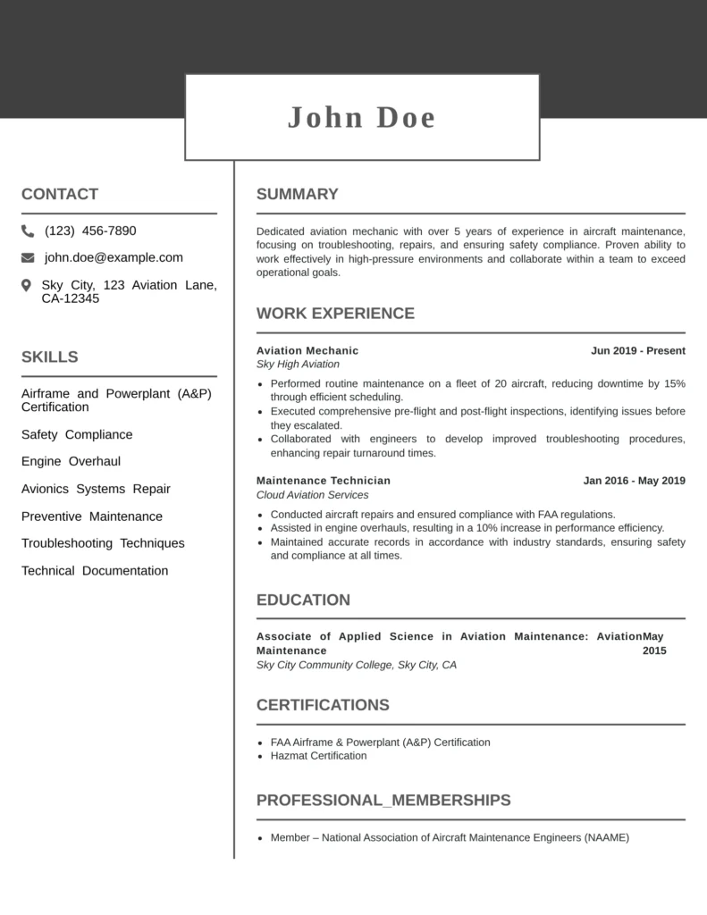 A professional aviation mechanic resume template with sections for A&P skills, aircraft maintenance experience, and certifications.