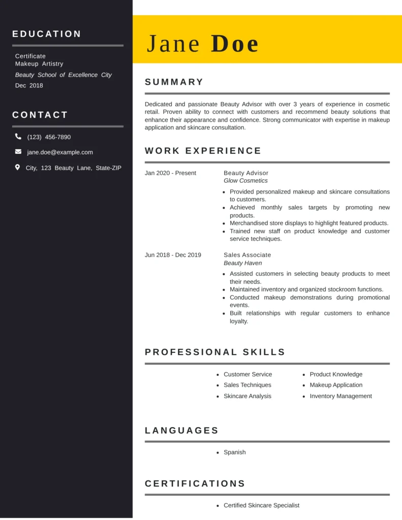 Beauty Advisor resume example showing customer service skills, brand product knowledge, and retail beauty experience.