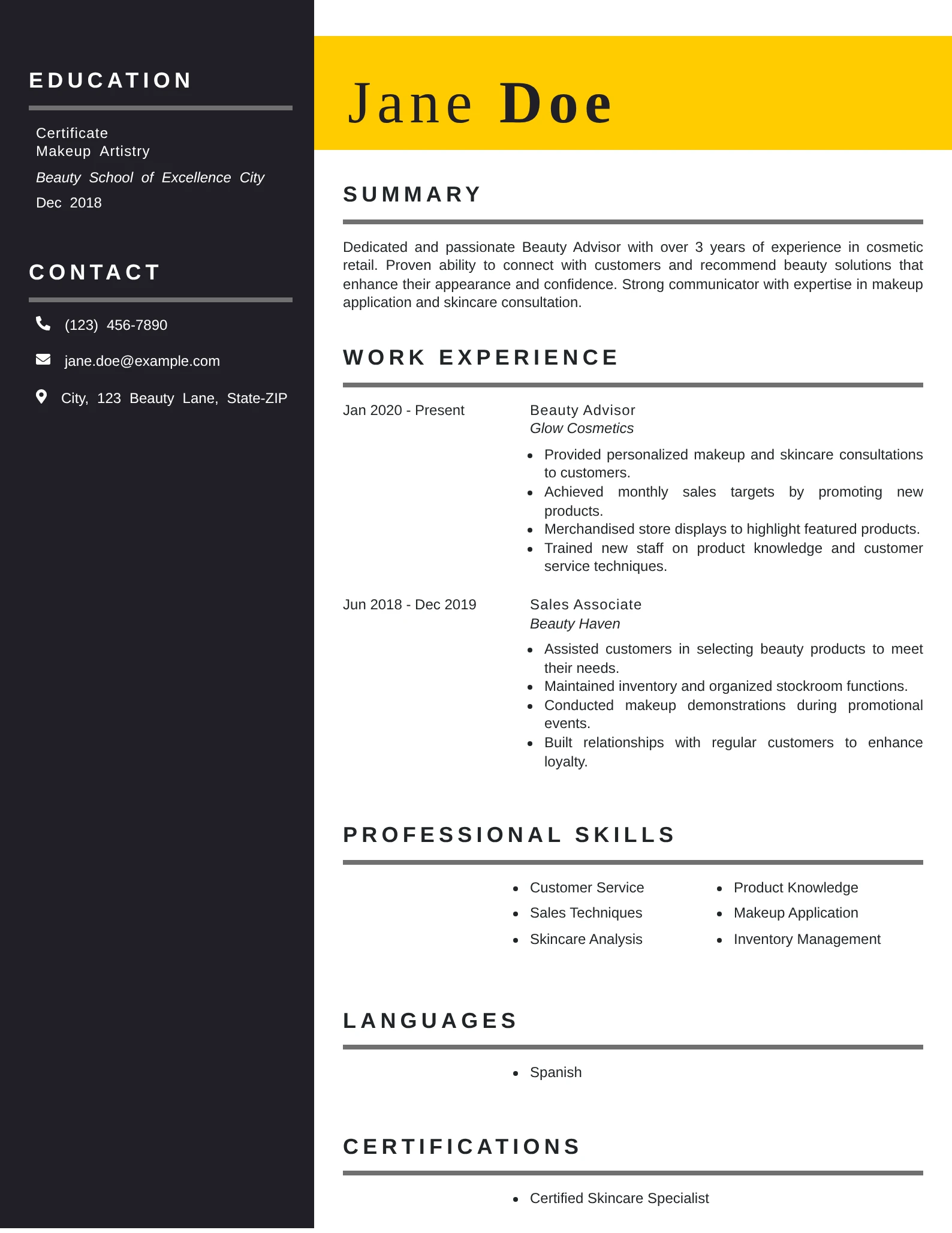 Beauty advisor resume example showing product knowledge and customer consultations.