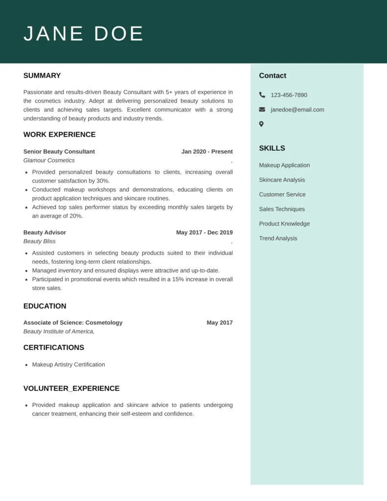 Beauty Consultant resume layout including summary, key skills, beauty consultation experience, and training certifications.
