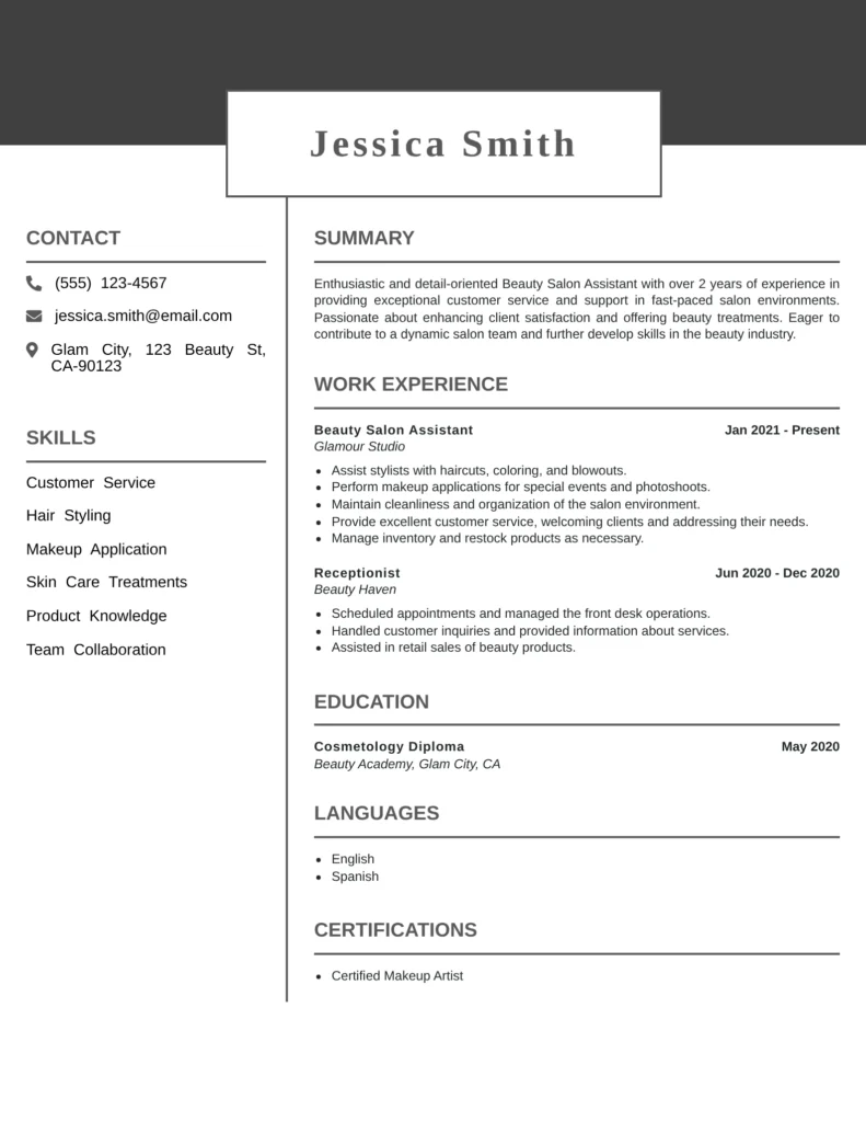 Professional Beauty Salon Assistant resume template featuring skills in client service, hair styling, and makeup application.
