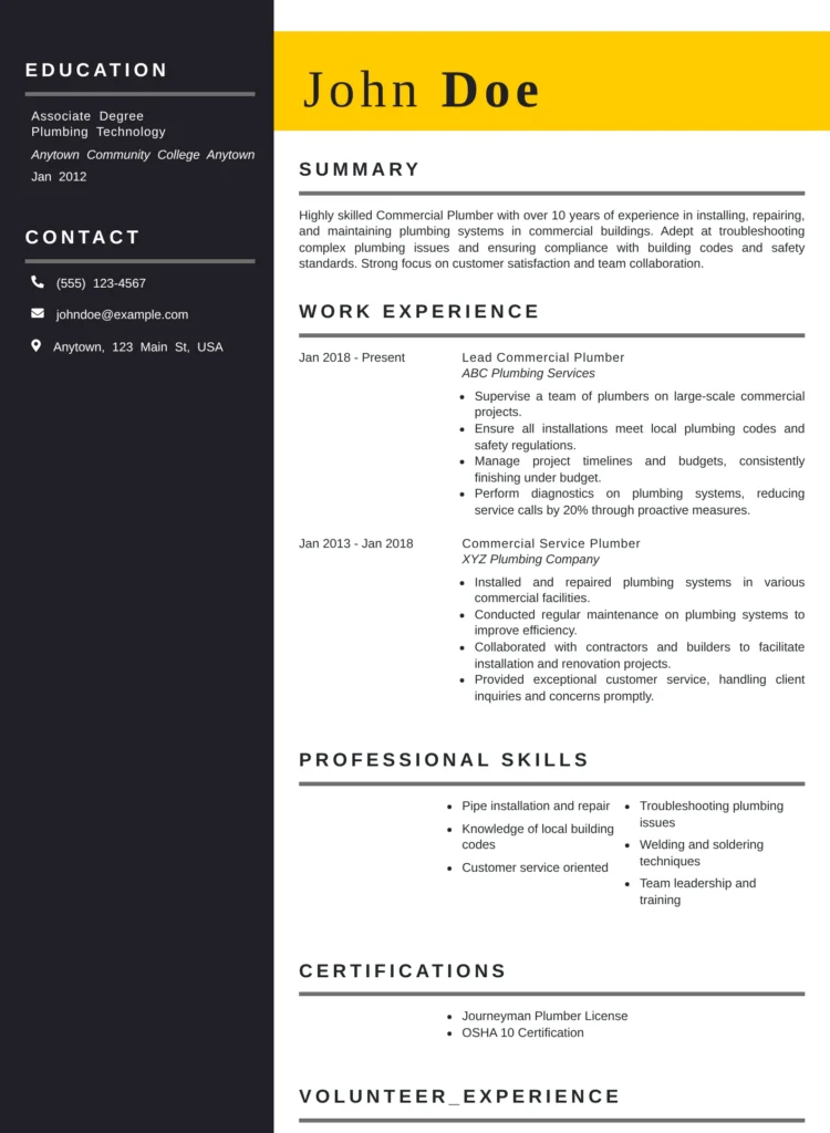 commercial plumber resume template showing summary, work experience, pipe installation skills, building code compliance, and plumbing certifications