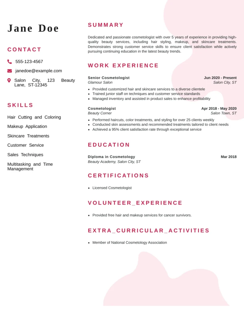 Cosmetologist resume template with skills, work experience, education, and certifications listed clearly.