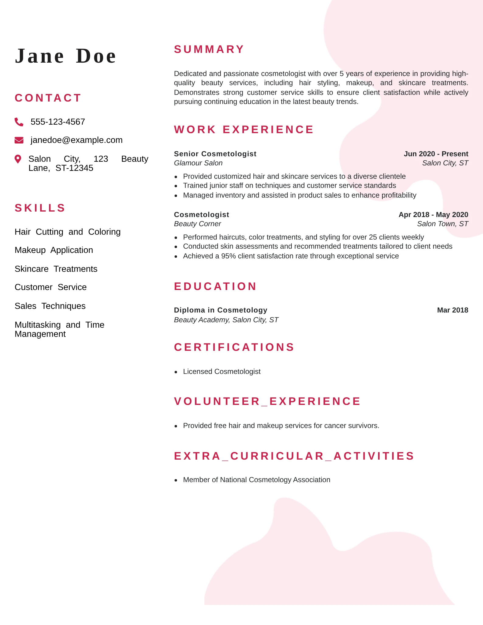 Cosmetologist resume example showing services, client experience, and qualifications.