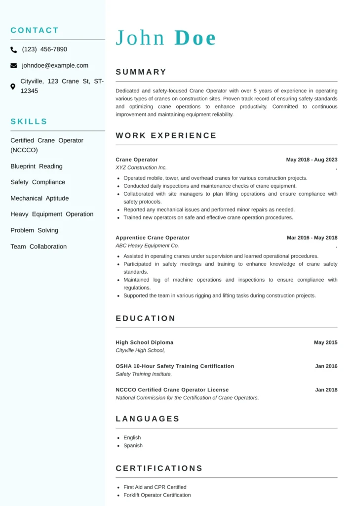 crane operator resume template with summary, heavy equipment skills, certifications, and crane operation experience