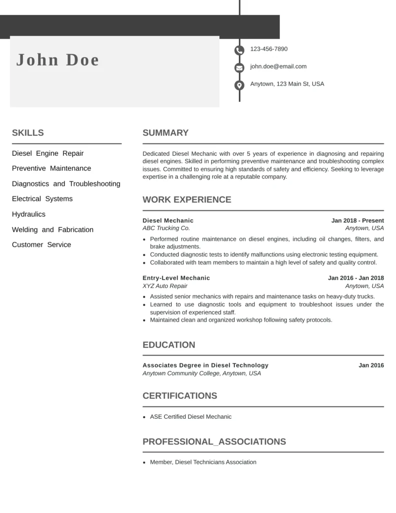 A clean diesel mechanic resume template showing skills, summary, and work experience in a simple, professional layout.