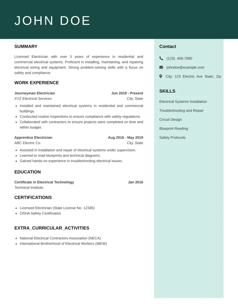 Electrician resume template with summary, skills, work experience, and certifications in a clean two-column layout.