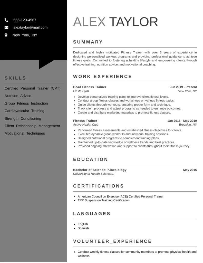 Fitness trainer resume example featuring sections for contact details, summary, skills, work experience, education, certifications, languages, and volunteer experience. The design highlights expertise in fitness coaching, nutrition advice, and client motivation, suitable for gym and wellness industry positions.