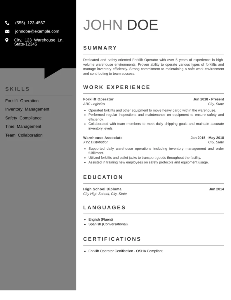 forklift operator resume template with detailed summary, equipment handling skills, and warehouse experience layout