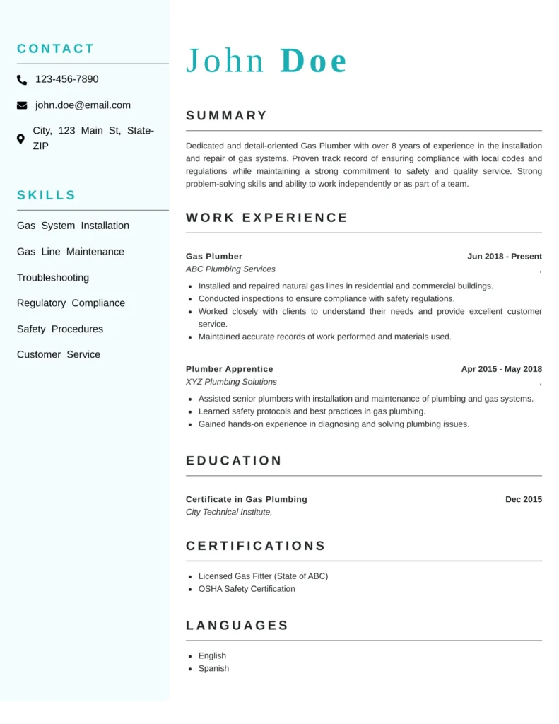gas plumber resume template featuring gas line installation skills, regulatory compliance, troubleshooting experience, and gas fitter certifications