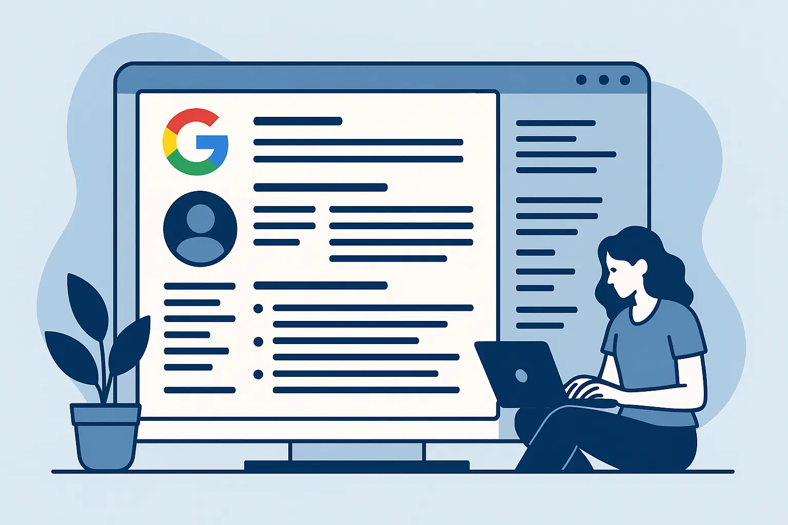 Illustration of a Google Docs resume template on a computer screen with a person editing their resume, showcasing modern digital workspace for Google Docs resume templates.