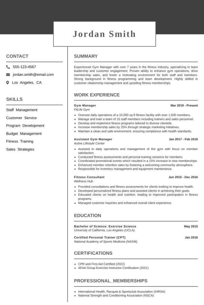 Gym manager resume example featuring sections for contact details, summary, skills, work experience, education, certifications, and professional memberships. The design highlights leadership, customer service, and fitness management expertise relevant to gym and fitness industry roles.