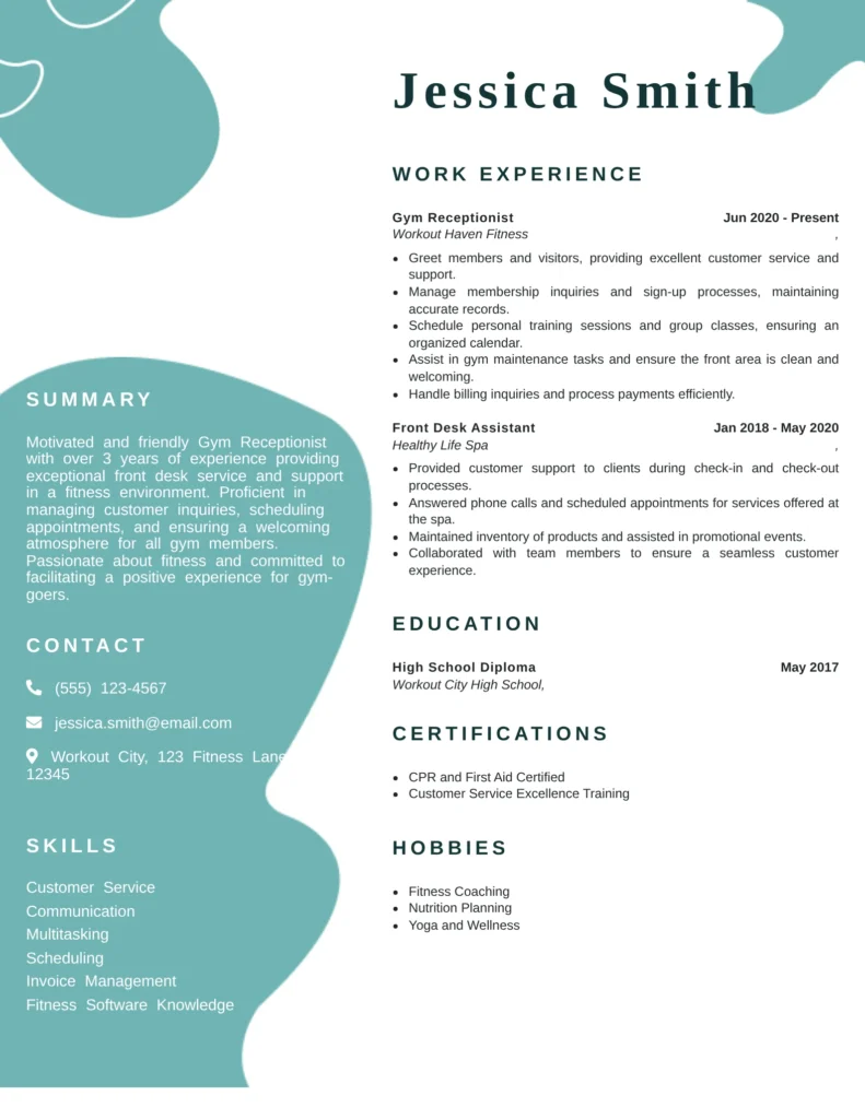 Professional gym receptionist resume example showing a clean layout with sections for summary, work experience, education, certifications, skills, and hobbies. The resume highlights customer service skills, fitness-related experience, and certifications relevant to a gym receptionist role.