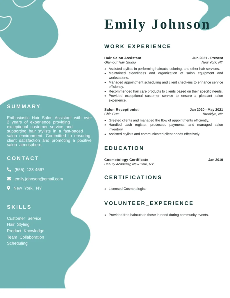 Hair Salon Assistant resume template focusing on shampooing, blow-drying, product knowledge, and teamwork.