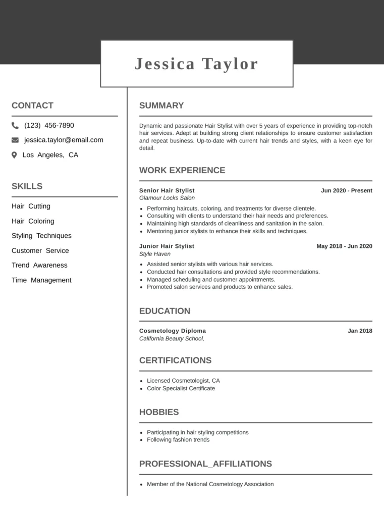 Elegant Hair Stylist resume example highlighting haircutting, coloring, client consultation, and trend awareness.