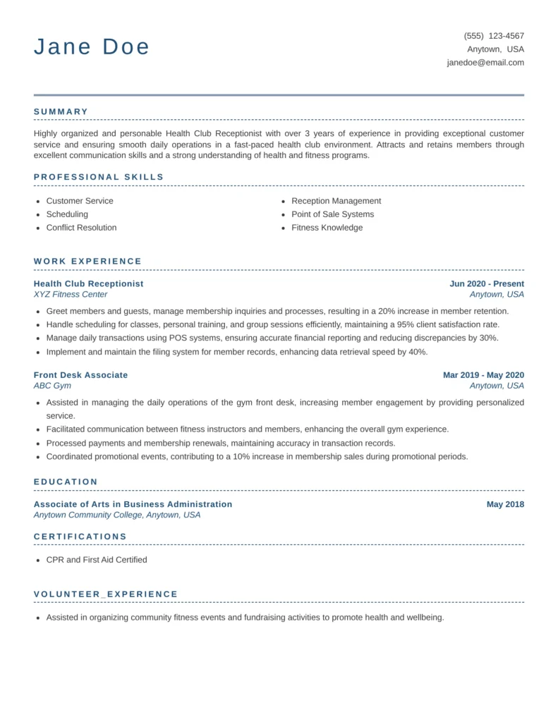 Health club receptionist resume example displaying a structured format with sections for summary, professional skills, work experience, education, certifications, and volunteer experience. The resume emphasizes customer service expertise, fitness knowledge, and administrative efficiency in a health club environment.