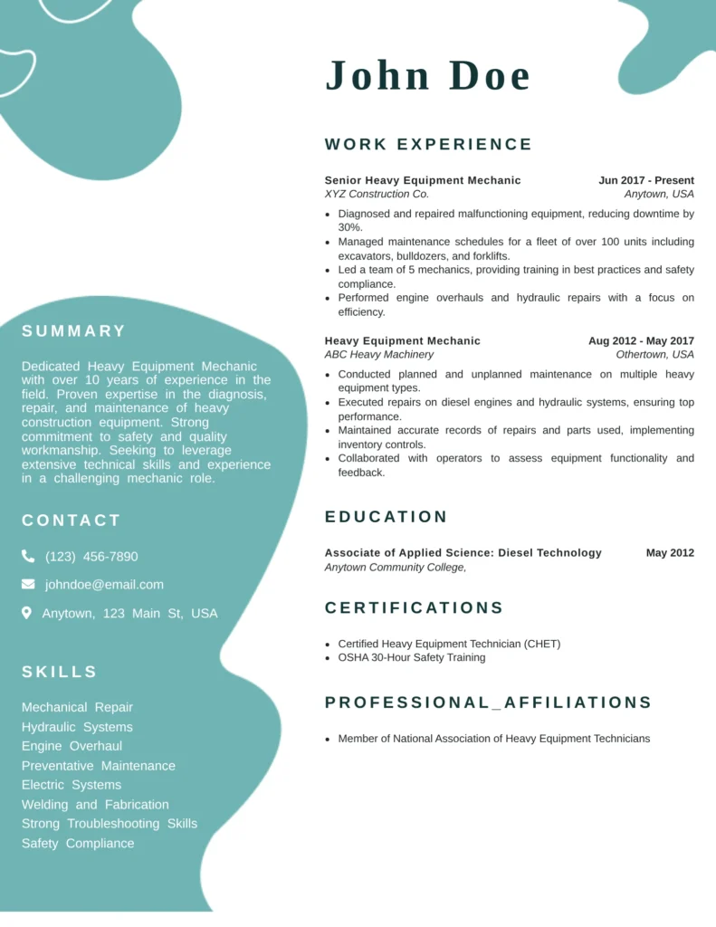 Heavy equipment mechanic resume template displaying construction equipment repair experience, skills, and certifications.