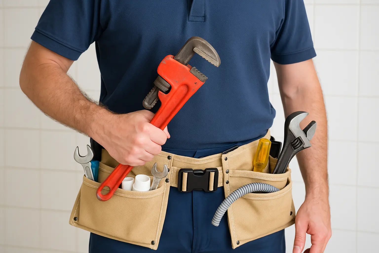 Plumber in uniform holding a red pipe wrench with a tool belt full of plumbing tools in a tiled workspace.