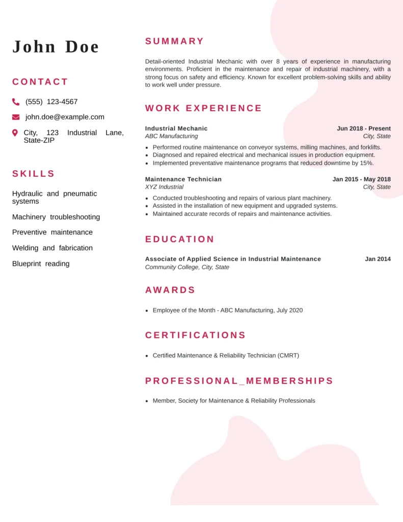 An industrial mechanic resume template featuring skills, summary, and manufacturing maintenance experience in a professional layout.