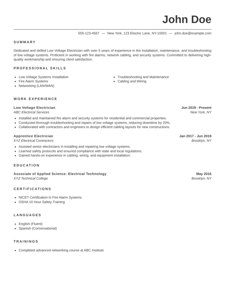 Low voltage electrician resume template showing structured cabling, fire alarm, and network wiring experience in a professional layout.