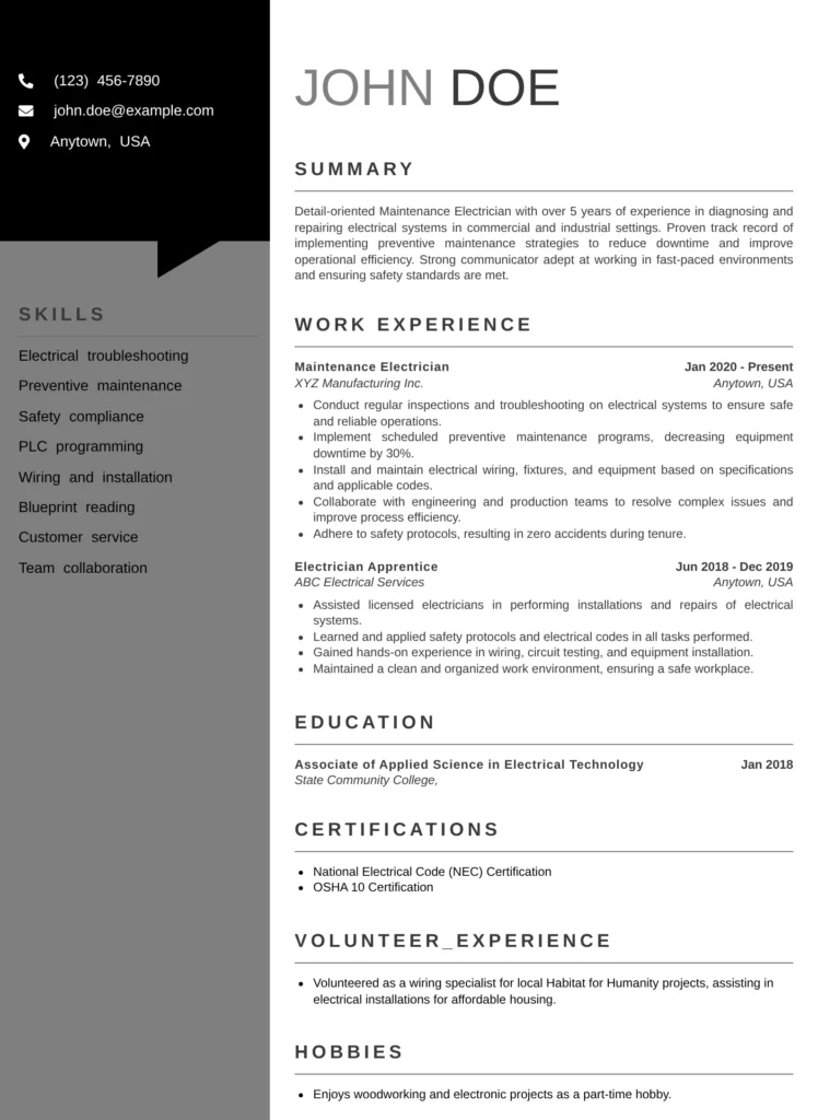 Maintenance electrician resume template highlighting industrial electrical troubleshooting, preventive maintenance, and PLC-related skills.