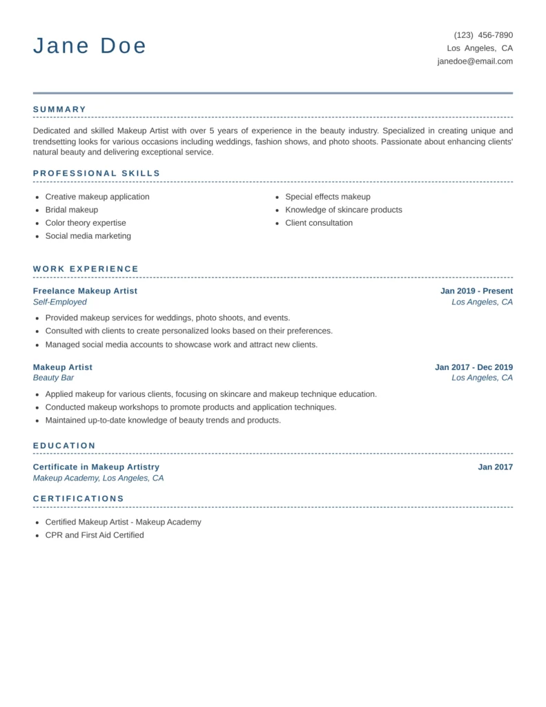 Makeup Artist resume template featuring makeup application experience, client consultation skills, work history, and beauty certifications.