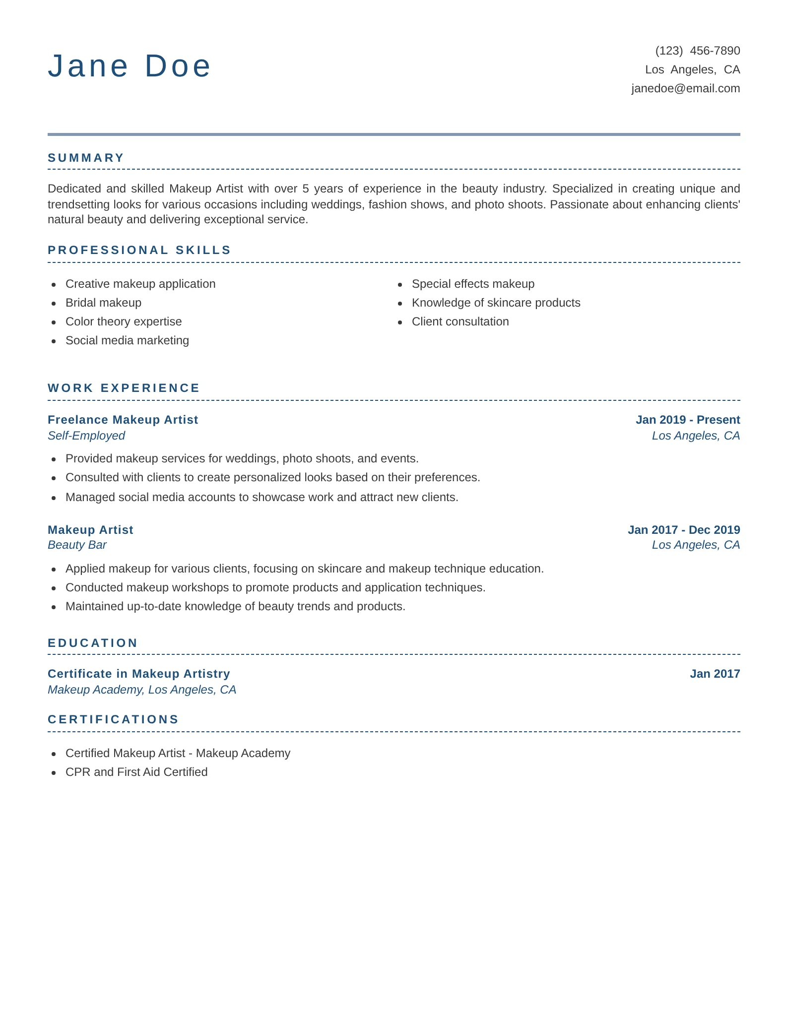 Makeup artist resume example showing application work, client consultations, and training.