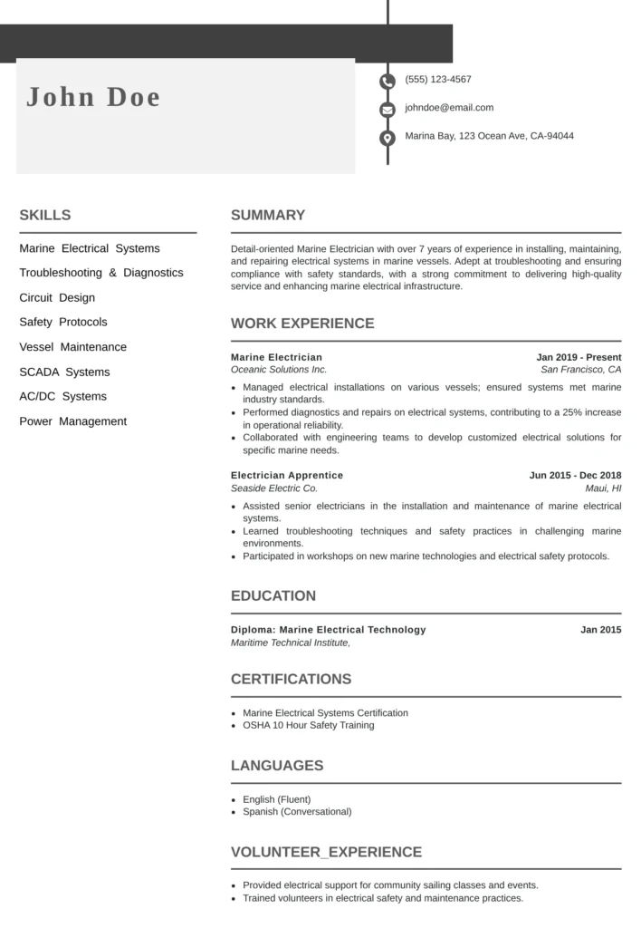 Marine electrician resume template featuring marine electrical systems, AC/DC circuits, vessel maintenance, and maritime safety certifications.