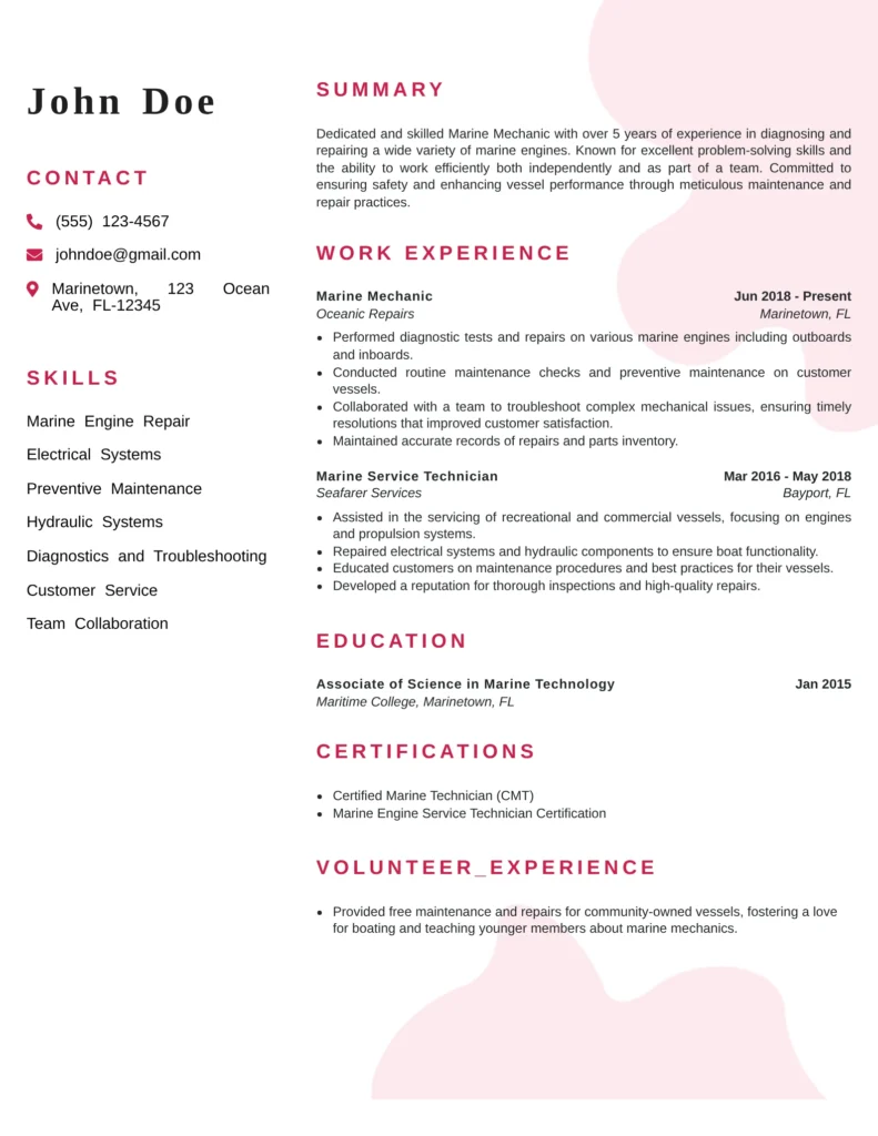 Marine mechanic resume template featuring marine engine repair skills, vessel maintenance experience, and certifications.