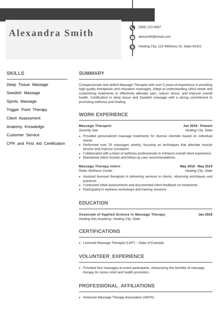 Massage therapist resume template with therapeutic skills, massage modalities, client assessment experience, certifications and modern minimalist design.