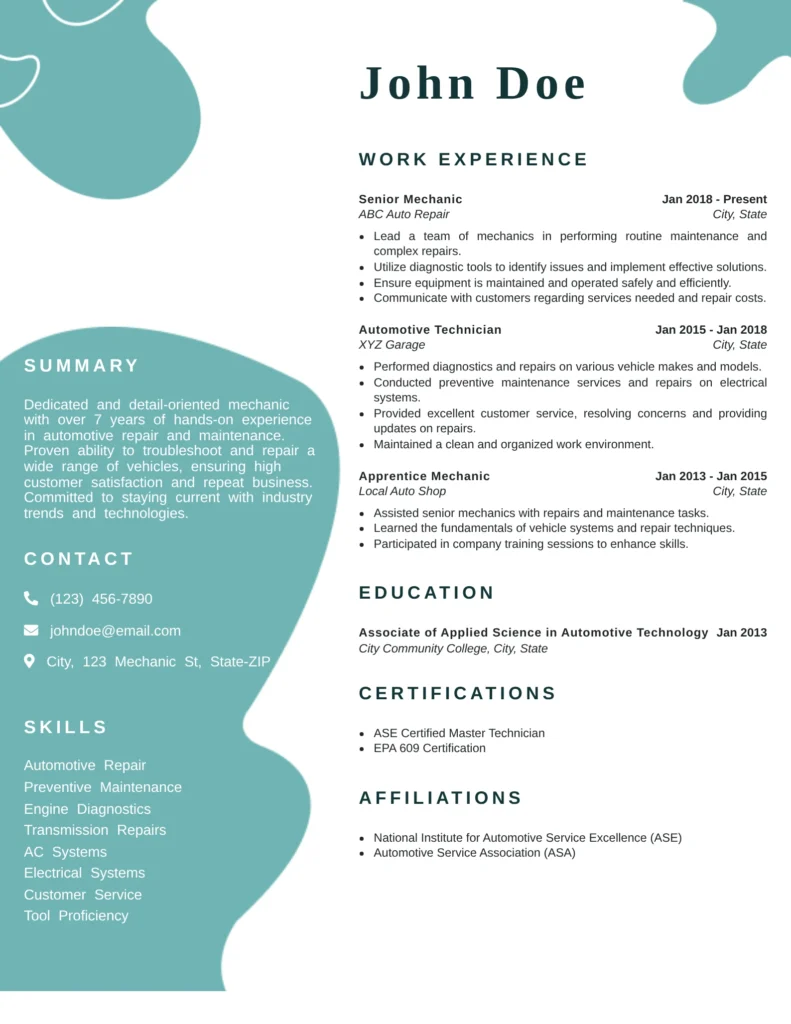 A modern auto mechanic resume template with a two-column design showing summary, skills, and detailed work experience.