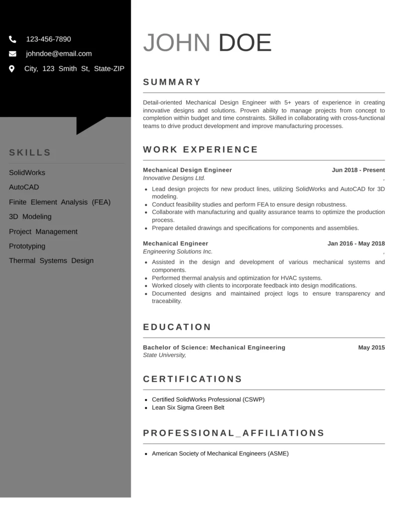 Mechanical design engineer resume template with sections for summary, technical skills, 3D modeling experience, education, and professional affiliations.