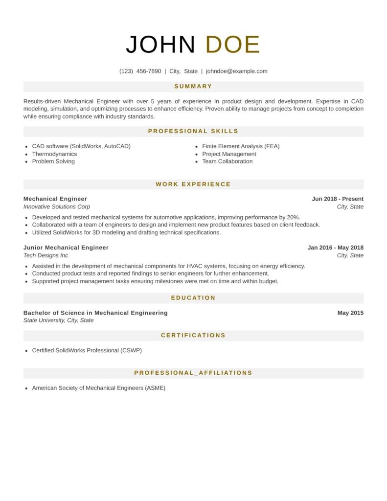 Mechanical project engineer resume template with clean layout, professional skills section, work experience, certifications, and education highlighted.