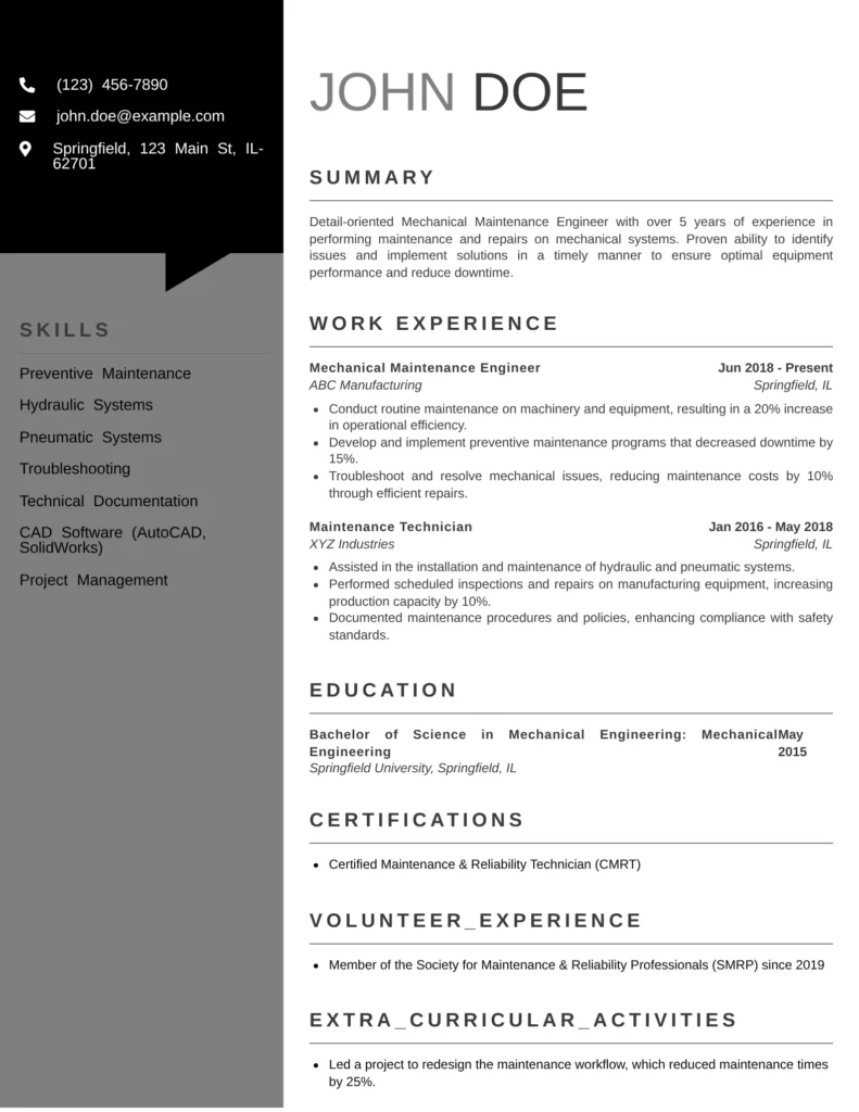 Mechanical maintenance engineer resume template showcasing skills, work experience, maintenance achievements, education, and certifications in a structured format.