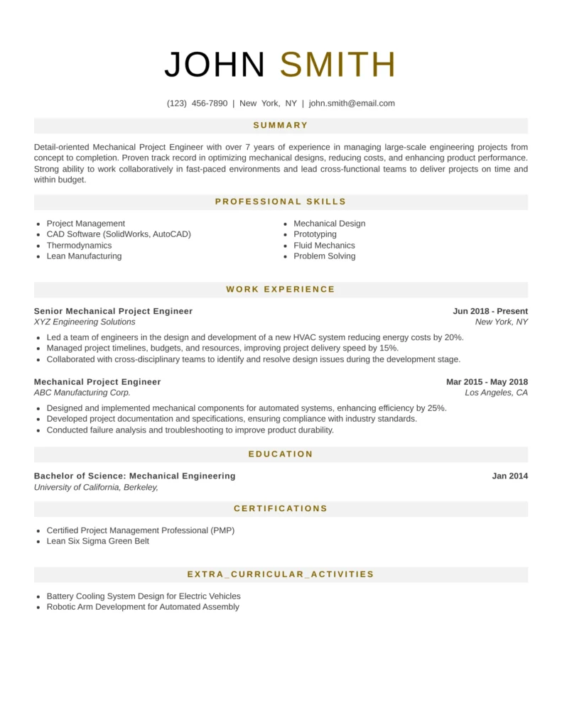 Mechanical engineer resume template featuring summary, skills list, work experience, and certifications in a modern, easy-to-read design.