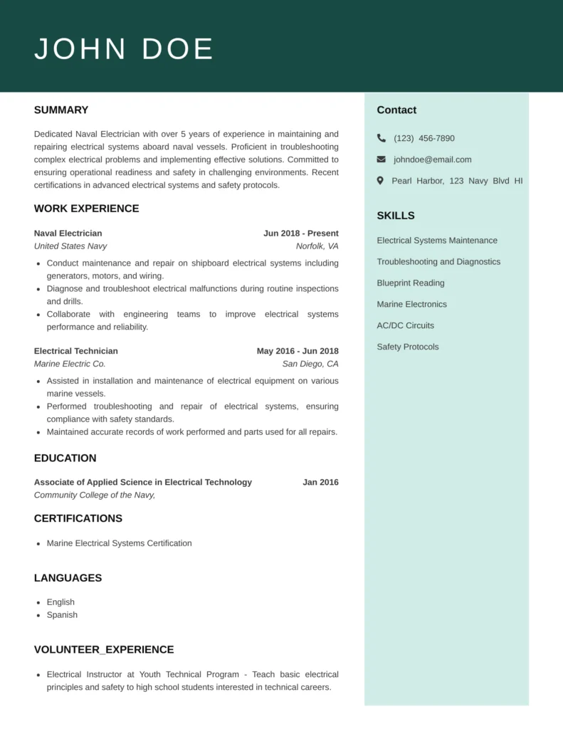 Naval electrician resume template displaying shipboard electrical maintenance, troubleshooting, and naval safety qualifications.