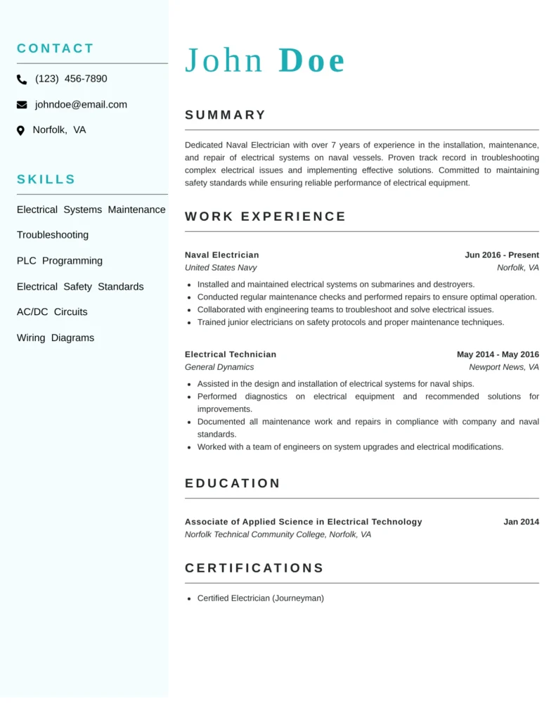 Resume layout for a naval electrician featuring contact details, professional summary, skills list, work experience, education, and certifications in a clean two-column design.