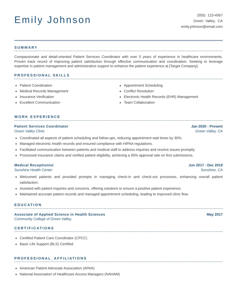 A clean, single-page resume for Emily Johnson highlighting her summary, skills, work experience as a Patient Services Coordinator and Medical Receptionist, education in Health Sciences, certifications, and professional affiliations.