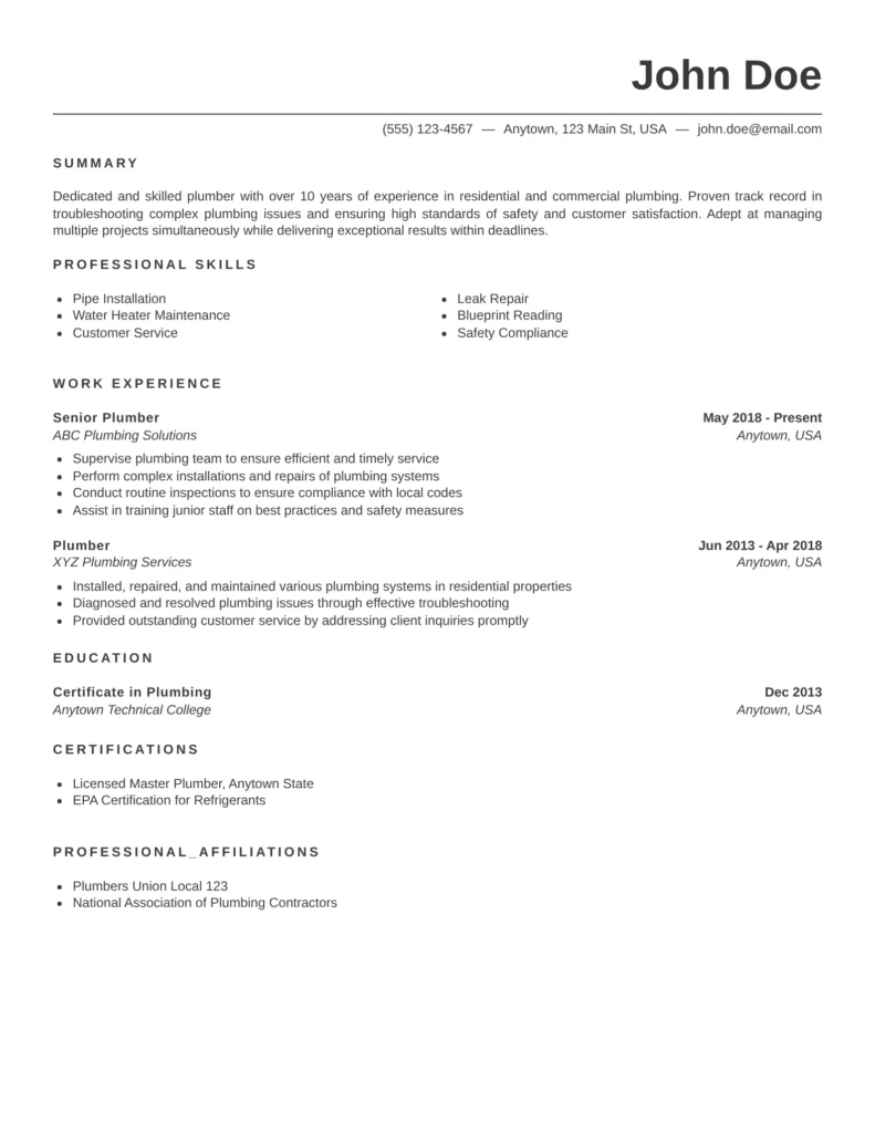 plumber resume template with professional summary, plumbing skills, leak repair experience, water heater installation, and licensed plumber certifications