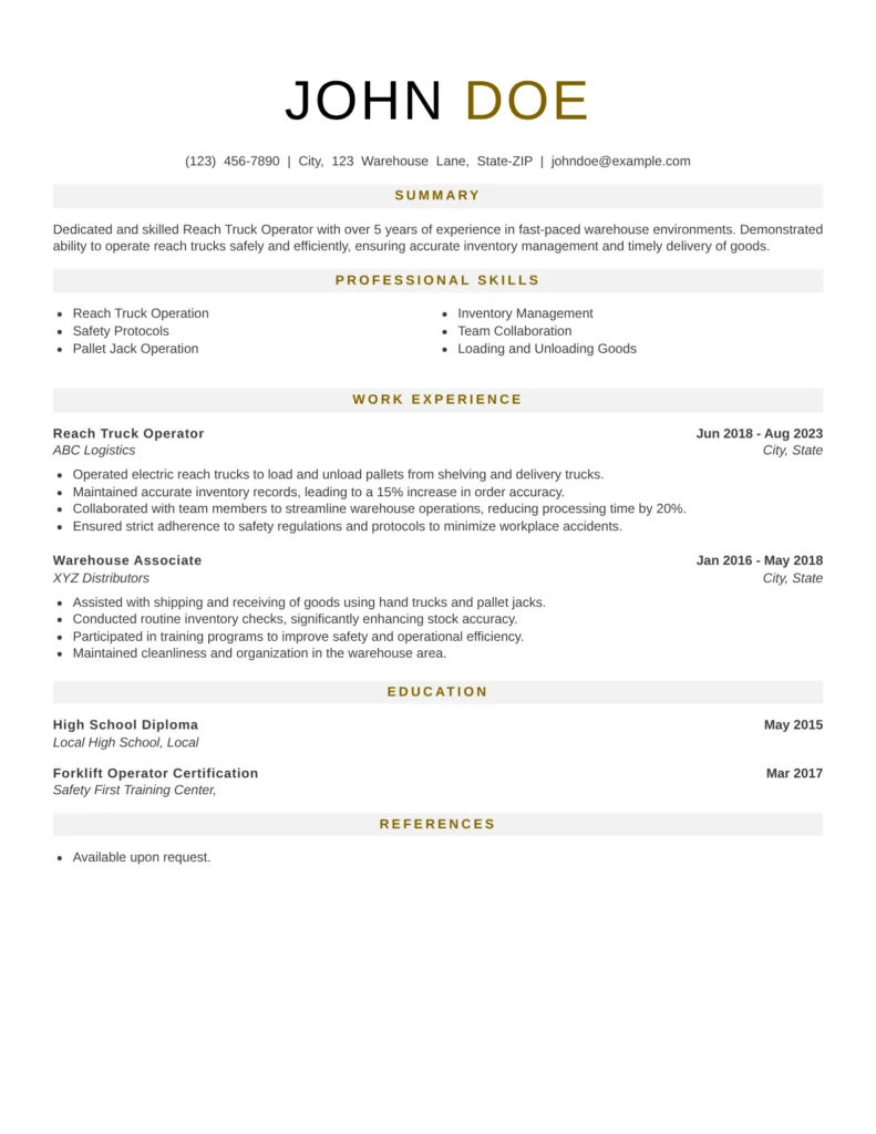 reach truck operator resume template featuring summary, professional skills, warehouse experience, and certifications