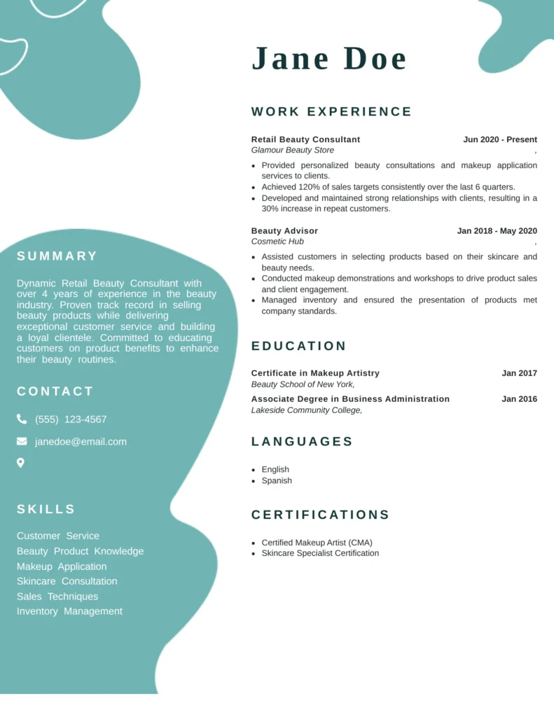 Retail Beauty Consultant resume example highlighting sales support, customer guidance, product recommendations, and store merchandising duties.