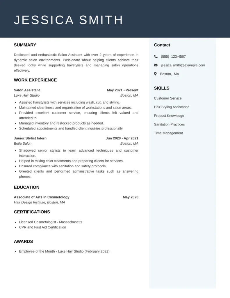Modern Salon Assistant resume example showing experience in hair styling support, sanitation, and client communication.