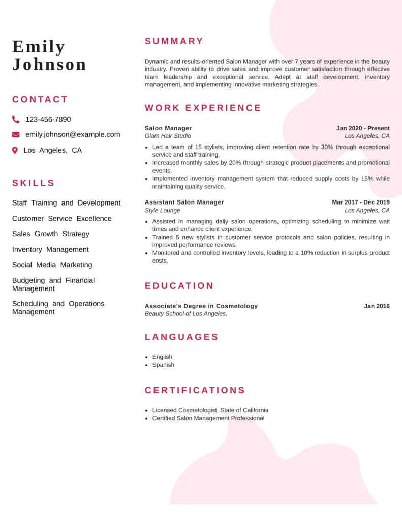 Salon Manager resume template emphasizing team leadership, customer satisfaction, and business management skills.